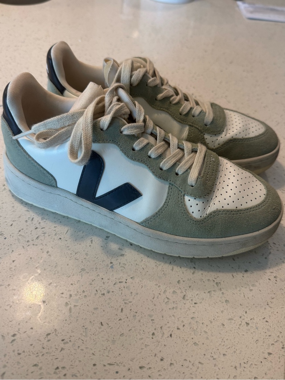 Veja Men’s Low-Top Sneaker in White, Sage, and Navy